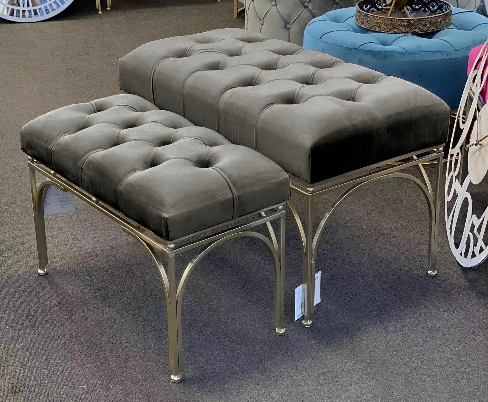 Handmade tufted velvet otms /rec benches l2 with gold metal base - charcoal grey