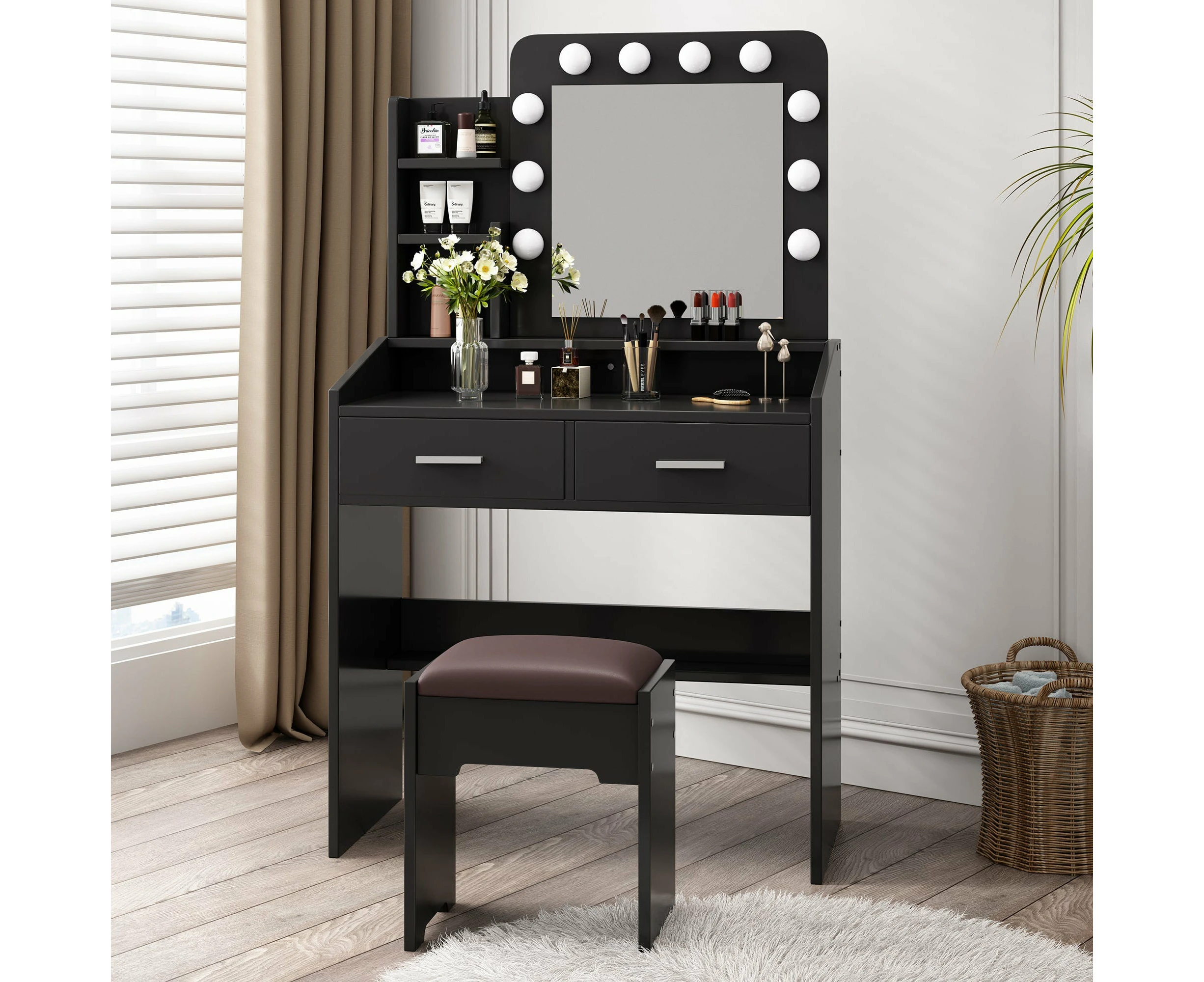 Diana Vanity Set with Shelves Cushioned Stool and Lighted Mirror- Black