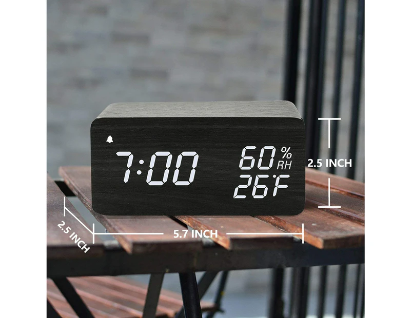 Wooden Digital Alarm Clock, 3 Alarms Led Display, Sound Control And Snooze Dual For Bedroom, Bedside, Office (Black)