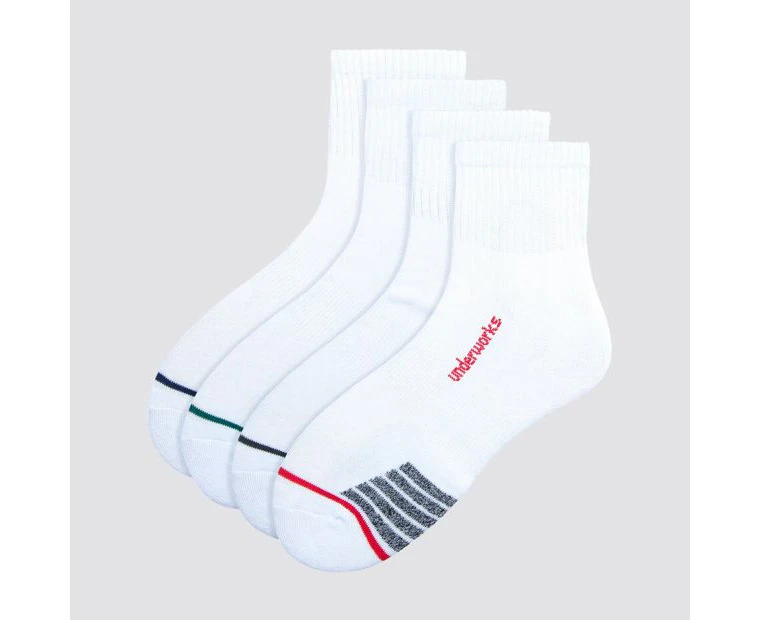 Underworks Mens 4 Pack Sport Quarter Crew Sock - White - White