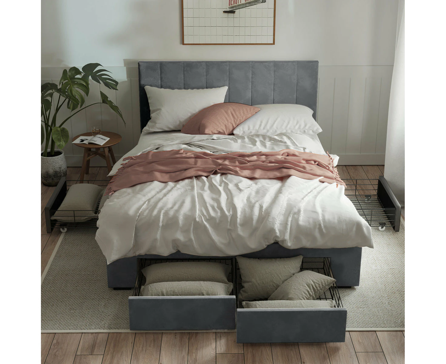 Four Storage Drawers Bed Frame with Vertical Lined Bed Head in King, Queen and Double Size (Fossil Grey Velvet)