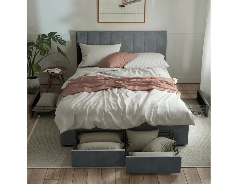 Four Storage Drawers Bed Frame with Vertical Lined Bed Head in King, Queen and Double Size (Fossil Grey Velvet)