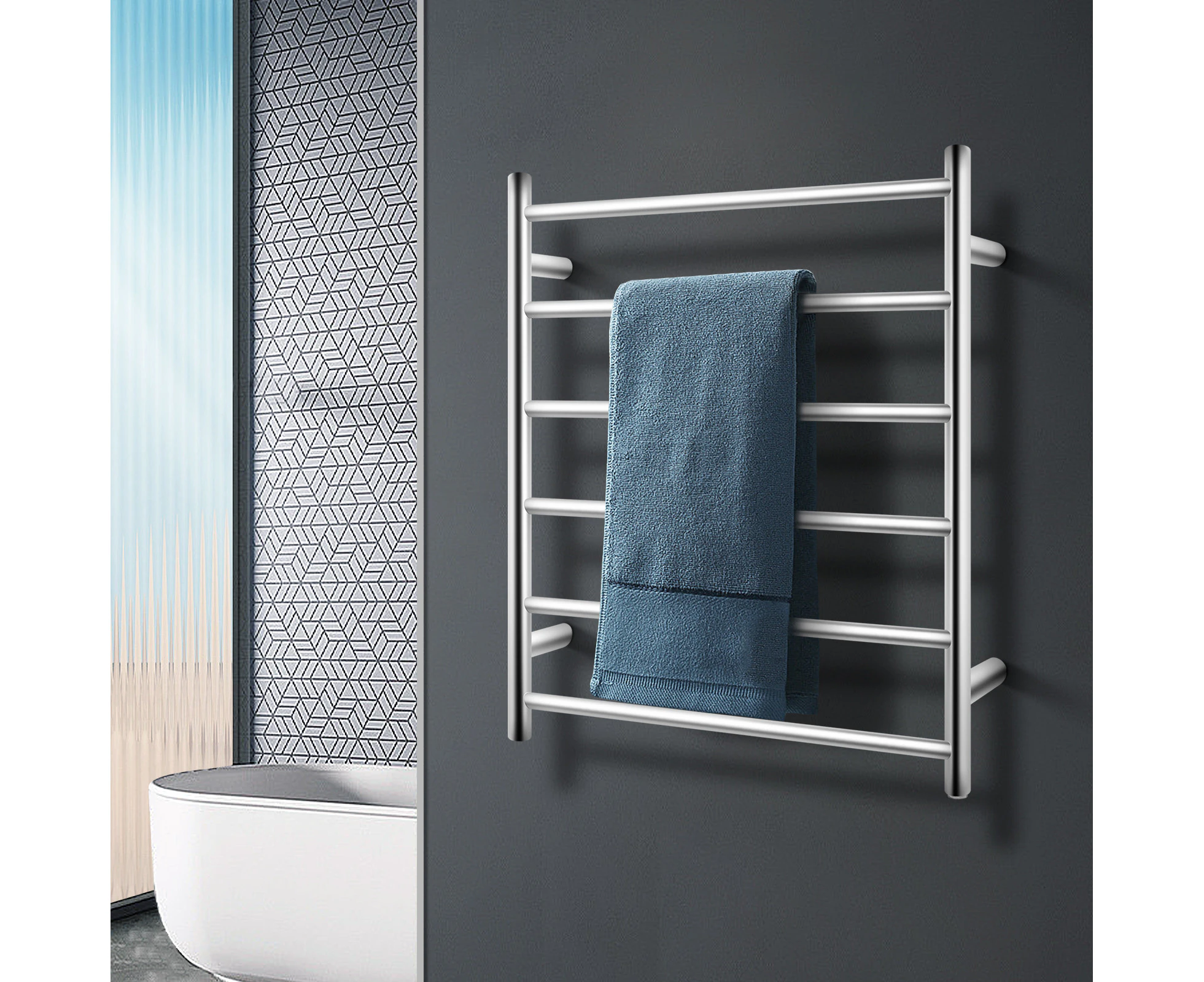 6 Bars Round Electric Heated Towel Rack 620x600mm Chrome Stainless Steel Rails Warmer Clothes