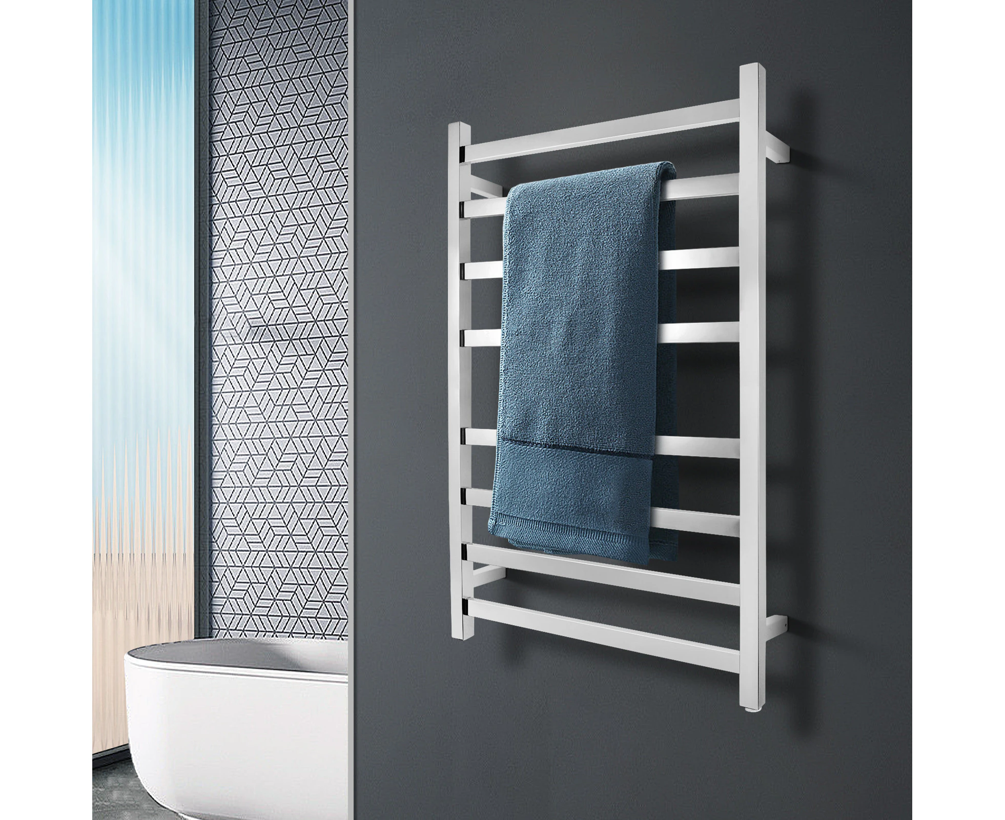 8 Bars Square Electric Heated Towel Rack 912x620mm Chrome Stainless Steel Towel Rail Warmer Clothes