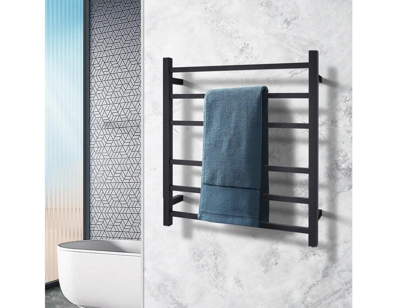 6 Bars Square Electric Heated Towel Rack 674x620mm Black Stainless Steel Towel Rail Warmer Clothes