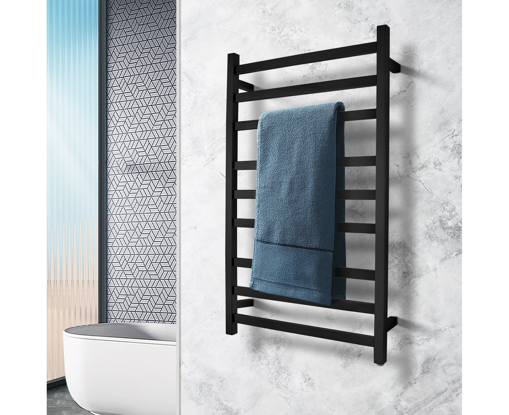 9 Bars Square Electric Heated Towel Rack 1000x600mm Black Stainless Steel Towel Rail Warmer Clothes