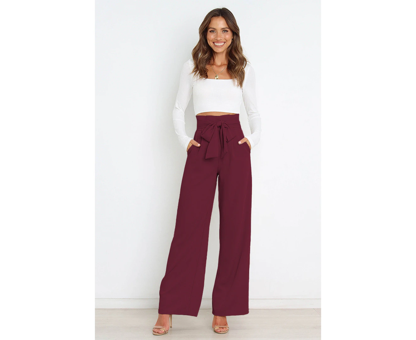 Women's Wide Long Legged Pants HIgh Waisted Work Pants Business Trousers Straight Suit Pants-Wine Red