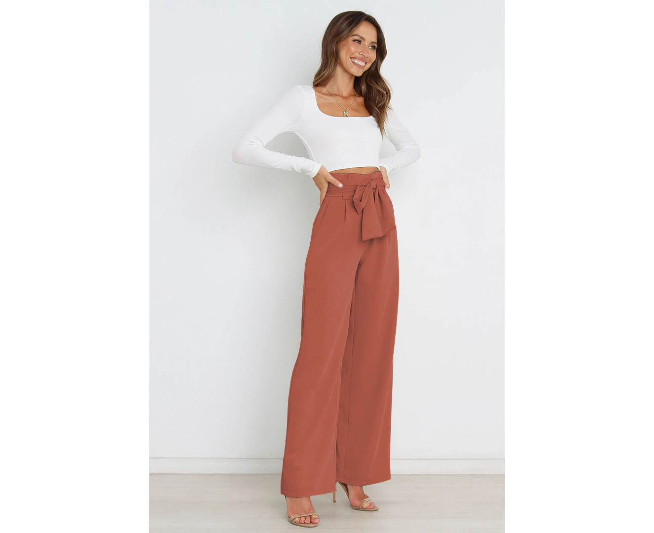 Women's Wide Long Legged Pants HIgh Waisted Work Pants Business Trousers Straight Suit Pants-Red