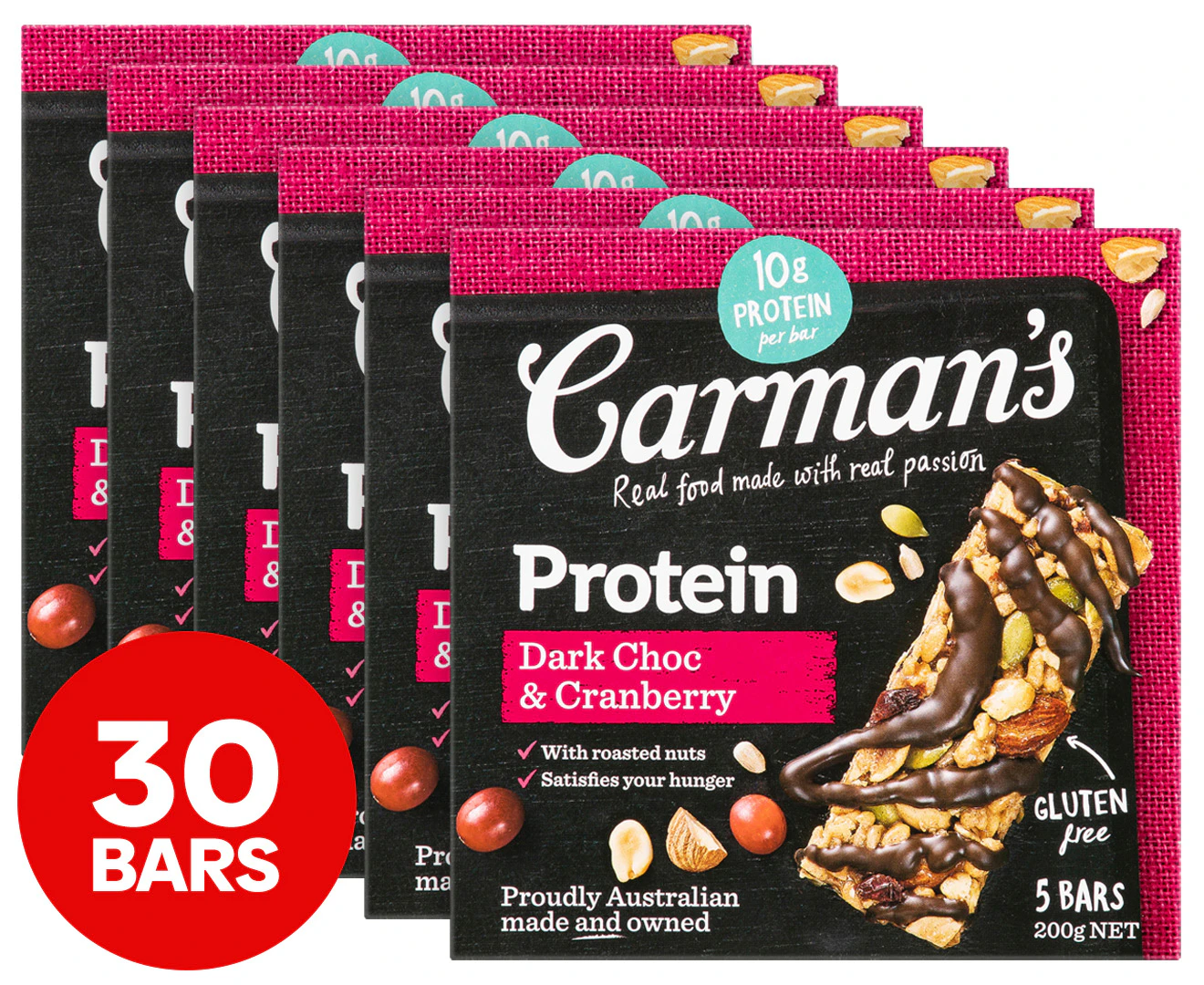 6 x 5pk Carman's Gourmet Protein Bars Dark Choc & Cranberry 200g