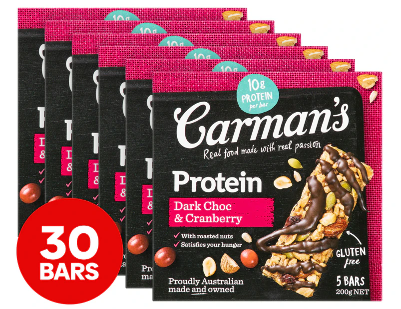 6 x 5pk Carman's Gourmet Protein Bars Dark Choc & Cranberry 200g