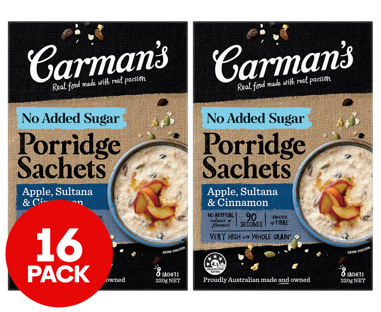 2 x 8pk Carman's Porridge Sachets Apple, Sultana & Cinnamon