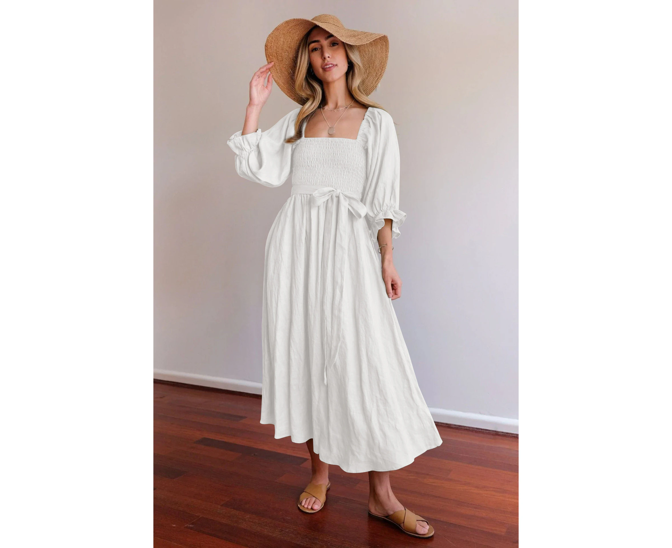 Women's Half Ruffle Lantern Sleeve Maxi Dress Summer and Autumn Sexy Bohe Dress Elegant Multi Wear Dress - White