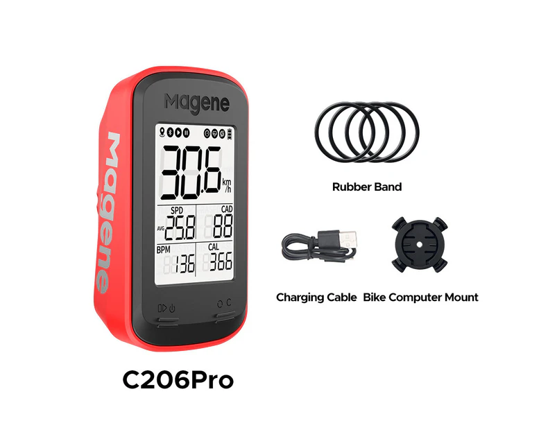 Magene Wireless Bike Computer with GPS Stopwatch Speedometer for Road Mountain Cycling -Red
