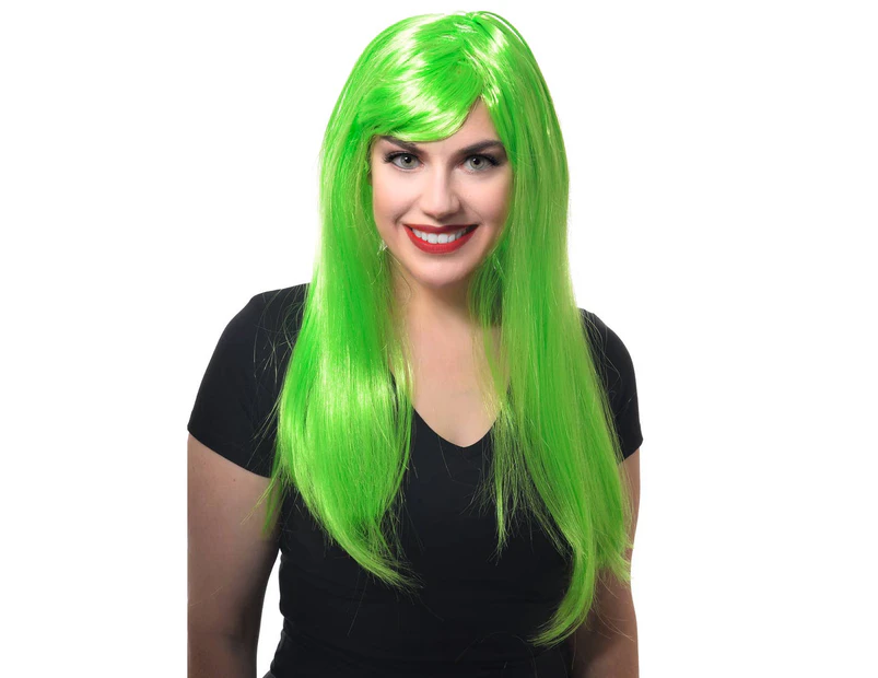 Long Womens Straight Neon Green Costume Wig with Fringe Womens