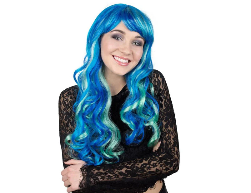 Curly Blue Womens Costume Wig with Teal Streaks Womens