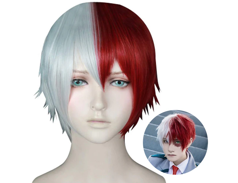 My Hero Academia Todoroki Shoto Cosplay Party Hair Wigs Men Halloween Carnival Fancy Costume White and Red
