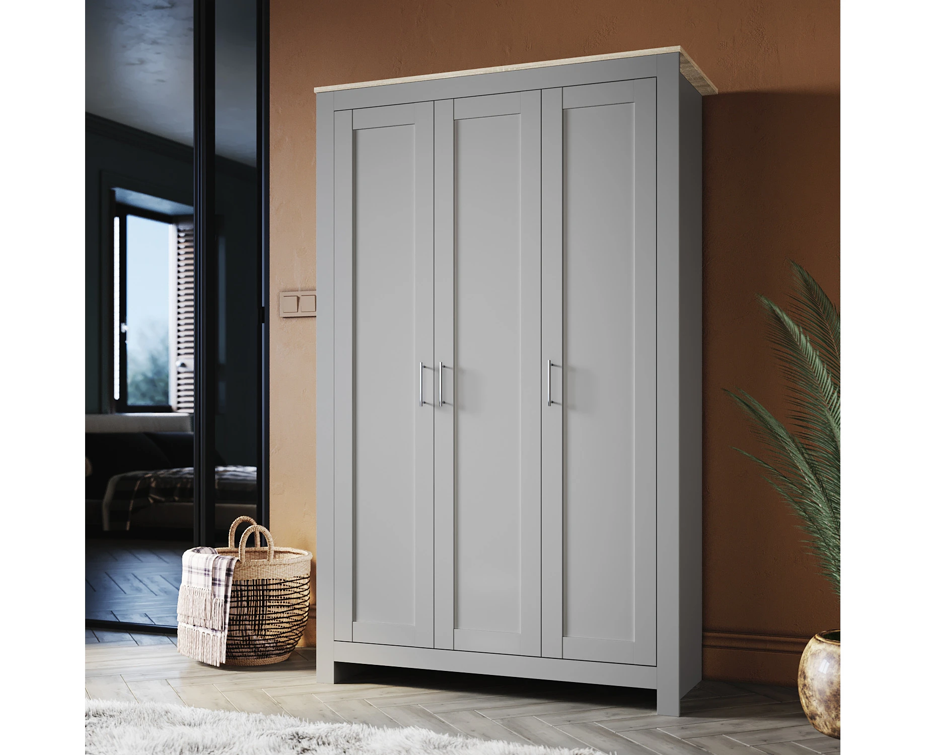 ELEGANT MDF Board Imitation Solid Wood Style 3 Door Multi-Purpose Wardrobes in Grey