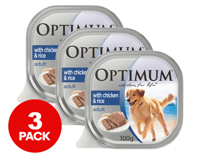 3 x Optimum Adult Wet Dog Food Chicken And Rice 100g