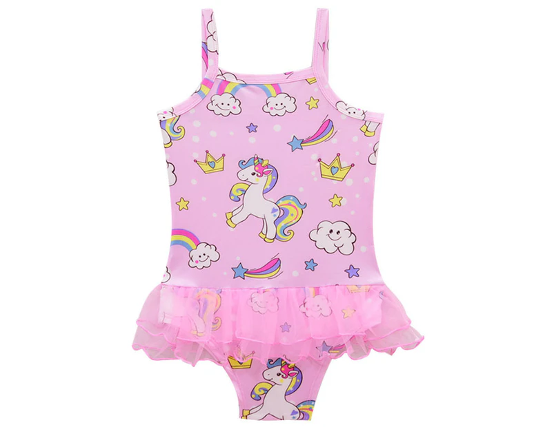 Kids Girls Unicorn Print Swim Dress Tulle Tutu Children Swimwear Swimming Costume Swimsuit - Pink