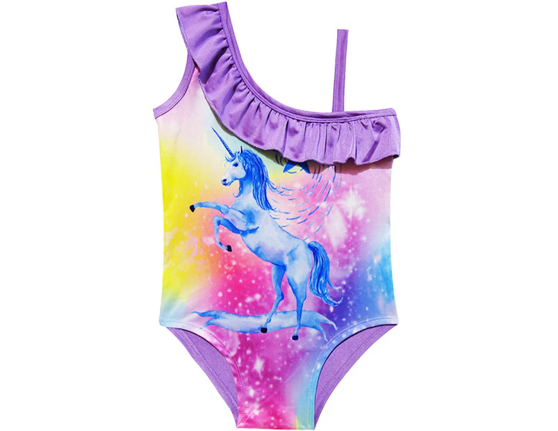 Kids Girls Unicorn Printed Ruffled Swimwear Swimming Costume Summer Beach Bathing Suit - Purple