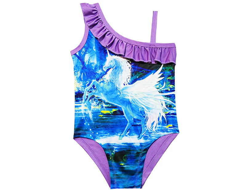 Swimming Costume Girls Kids Unicorn One Piece Summer Swimsuit Swimwear Beachwear - Purple + Blue