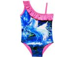 Swimming Costume Girls Kids Unicorn One Piece Summer Swimsuit Swimwear Beachwear - Rose Red + Blue