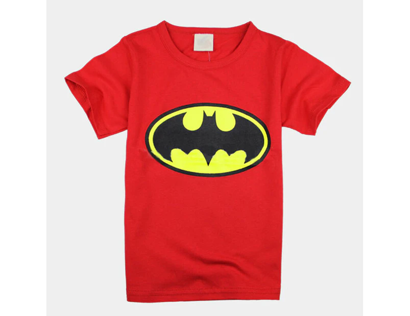 Boys Kids Batman T-shirt Round Neck Summer Short Sleeve Cartoon Casual Top Tee Shirt - Red