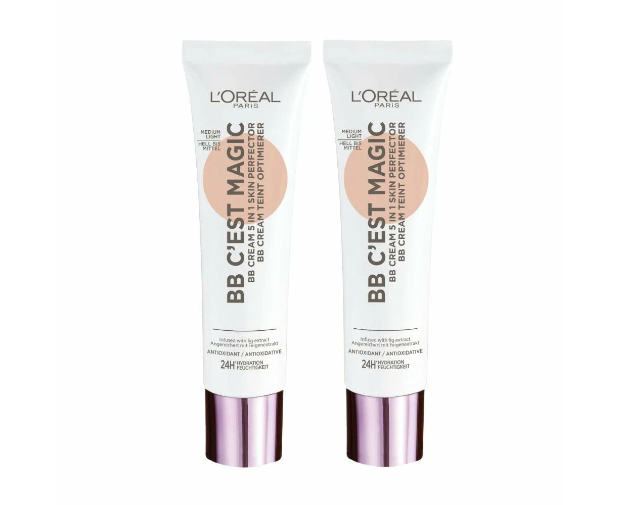 2x LOreal C'est Magic BB Cream 5 in 1 Skin Perfector Medium Light - Medium Skin Tone 30mL