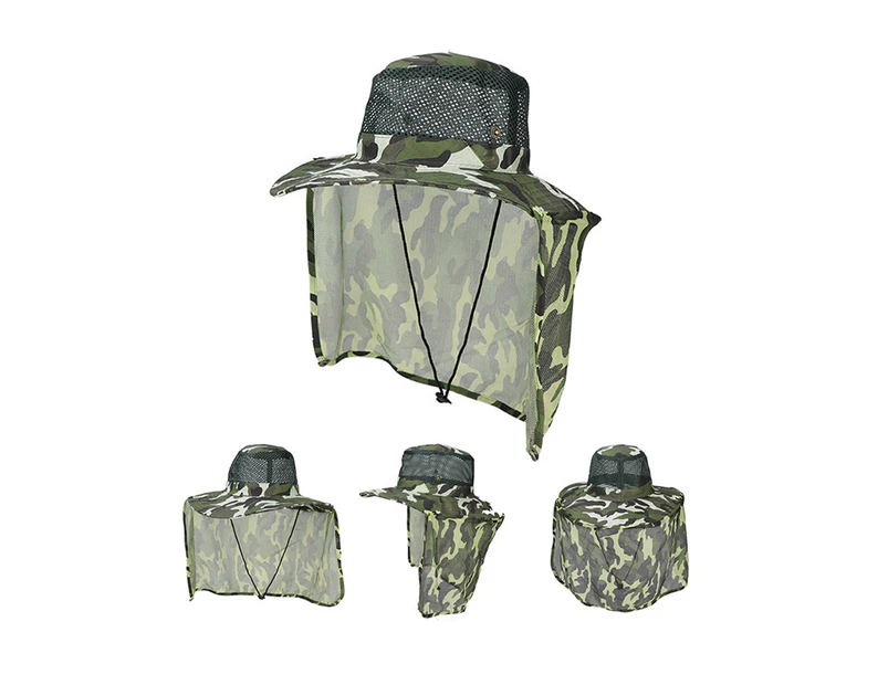 Adult Camouflage Bucket Hat Breathable Mesh Mountaineering Hat Wide Brim Fishing Cap Sun Shade Hat with Neck Flap-Grass green camo