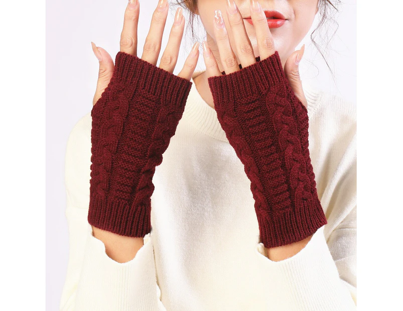 Women Lady Girl Knitted Crochet Short Winter Warmer Braided Arm Fingerless Glove-Wine Red