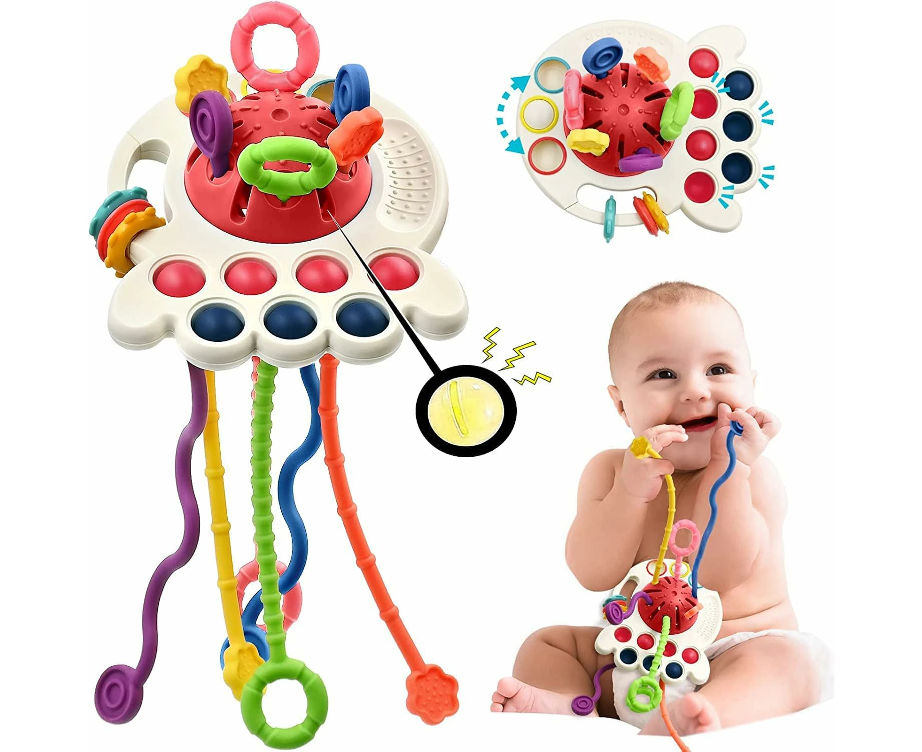 Montessori Baby Toys for Toddlers Silicone Pull String Toys for Baby Sensory Toys Early Educational Fine Motor Skills Activity Toys for Baby -Red