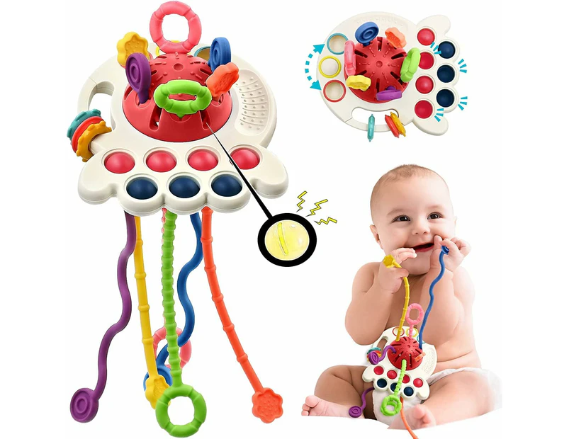 Montessori Baby Toys for Toddlers Silicone Pull String Toys for Baby Sensory Toys Early Educational Fine Motor Skills Activity Toys for Baby Red Catch