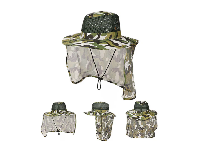 Adult Camouflage Bucket Hat Breathable Mesh Mountaineering Hat Wide Brim Fishing Cap Sun Shade Hat with Neck Flap-Dark green camo