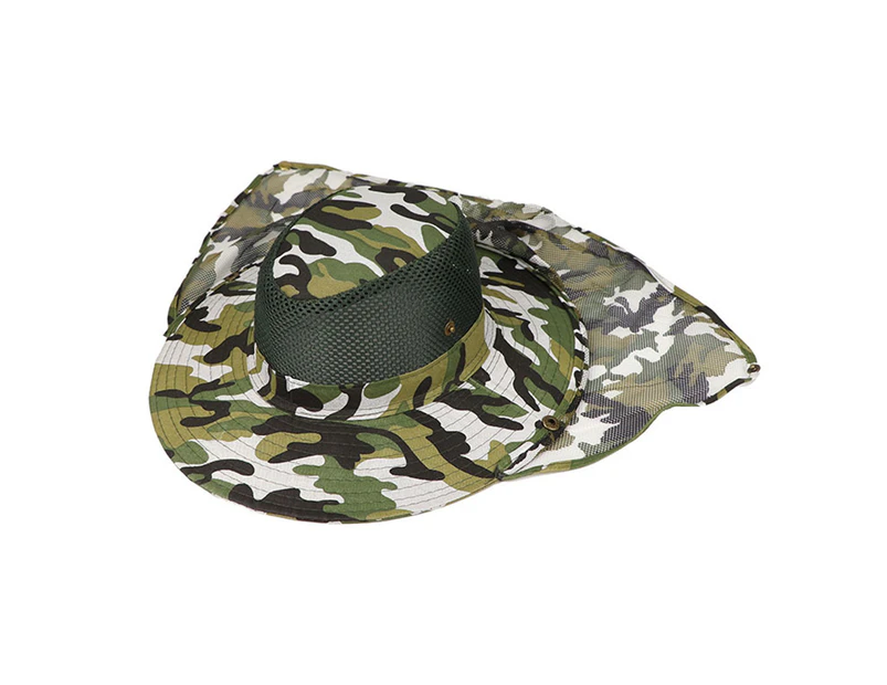 Adult Camouflage Bucket Hat Breathable Mesh Mountaineering Hat Wide Brim Fishing Cap Sun Shade Hat with Neck Flap-Green camo