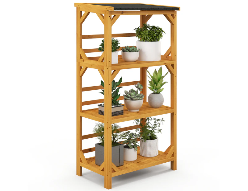 Costway 3-Tier Plant Stand Wood Flower Pots Shelf Weather-resistant Load 90kg w/Asphalt Tilting Roof Garden Patio Balcony