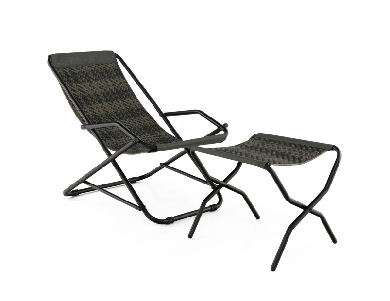 Costway Folding Rattan Recliner Stool Camping Beach Chair  Adjustable Outdoor Patio Balcony Poolside Grey