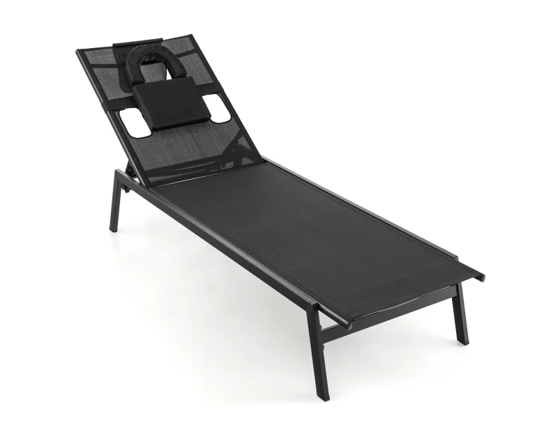 Costway Outdoor Sun Lounger Adjustable Beach Lounge Chair Day Bed w/Face Hole & Cushion Sunbath Spa Poolside, Black