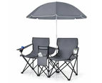 Costway 2-Seater Portable Camping Chair Double Outdoor Chair w/Umbrella Cooler Bag Beach Picnic Fishing Grey