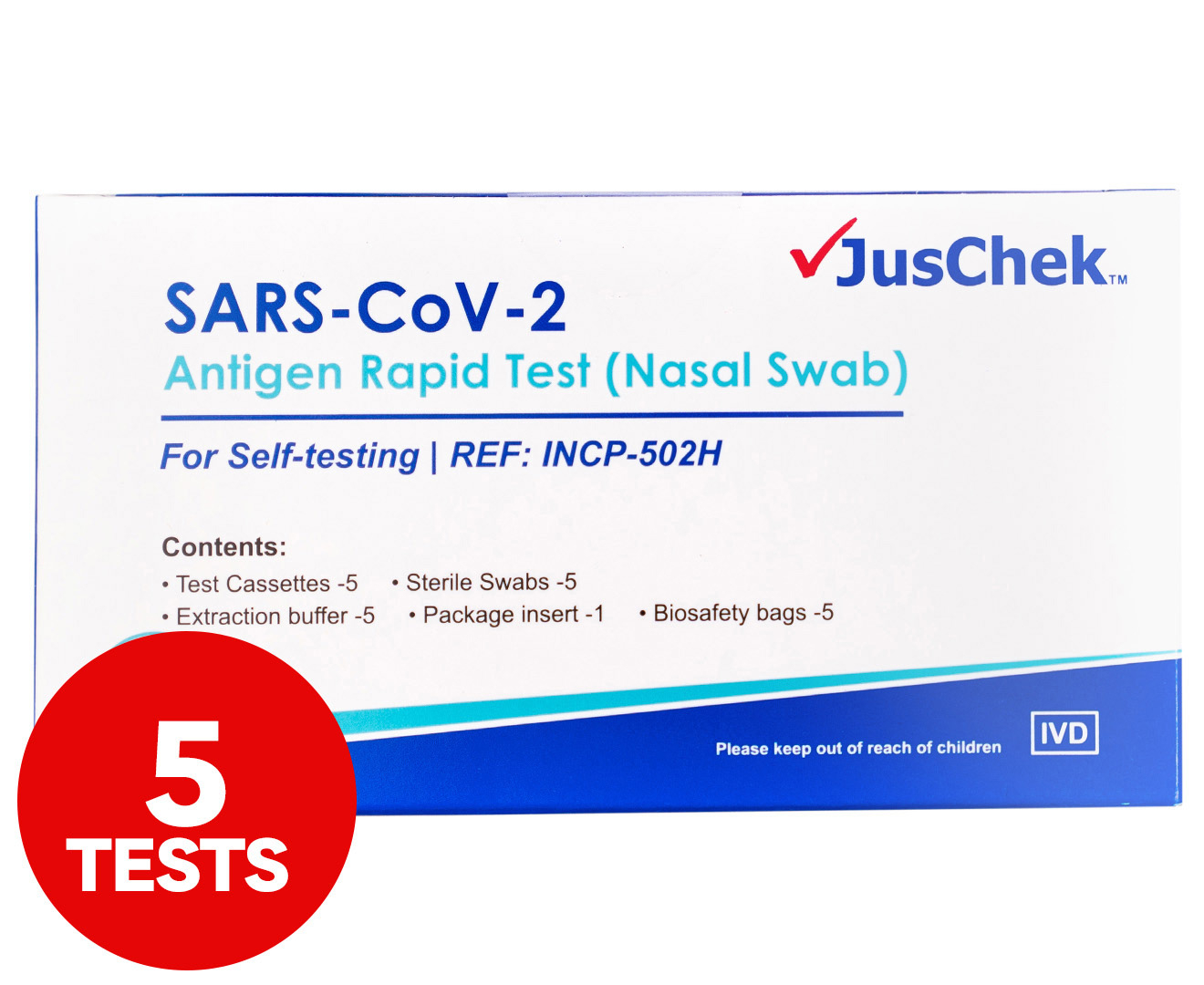 5pk JusChek COVID-19 Rapid Antigen Tests Nasal Swab | Catch.co.nz