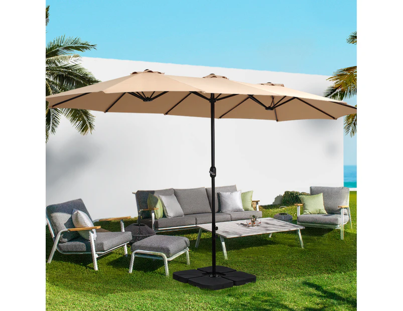 InstaHut 4.57m Outdoor Umbrella w/Base Stand Beach Pole Garden Tilt Beige