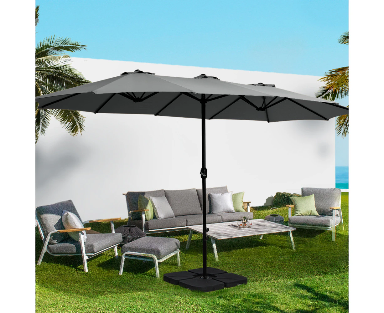 InstaHut 4.57m Outdoor Umbrella w/Base Stand Beach Pole Garden Tilt Charcoal