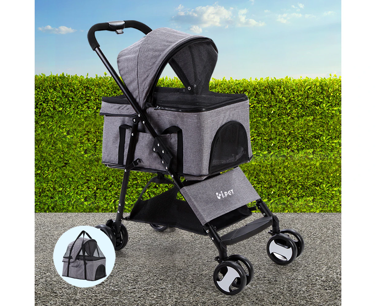 i.Pet Pet Stroller Dog Pram Cat Carrier Travel Large Pushchair Foldable 4 Wheels Grey