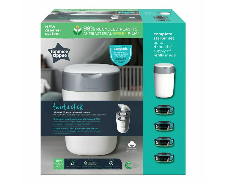 Tommee Tippee Twist & Click  Advanced Nappy Disposal   Green System with 4 Pack Refill Cassettes - White