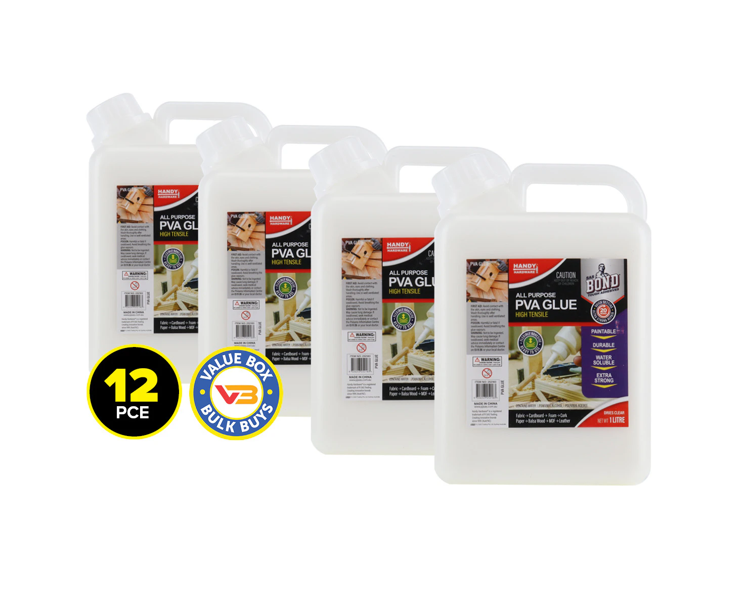 Handy Hardware 12PCE PVA Glue Quick Setting High Strength All Purpose 1L - Clear