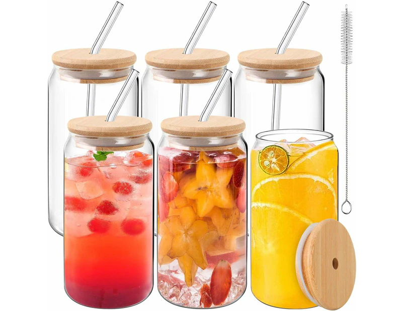 Glass Cups with Lids and Straws, 16oz Iced Coffee Cup Drinking Glasses Beer Glasses Cute Tumbler Cup - 6 Pcs