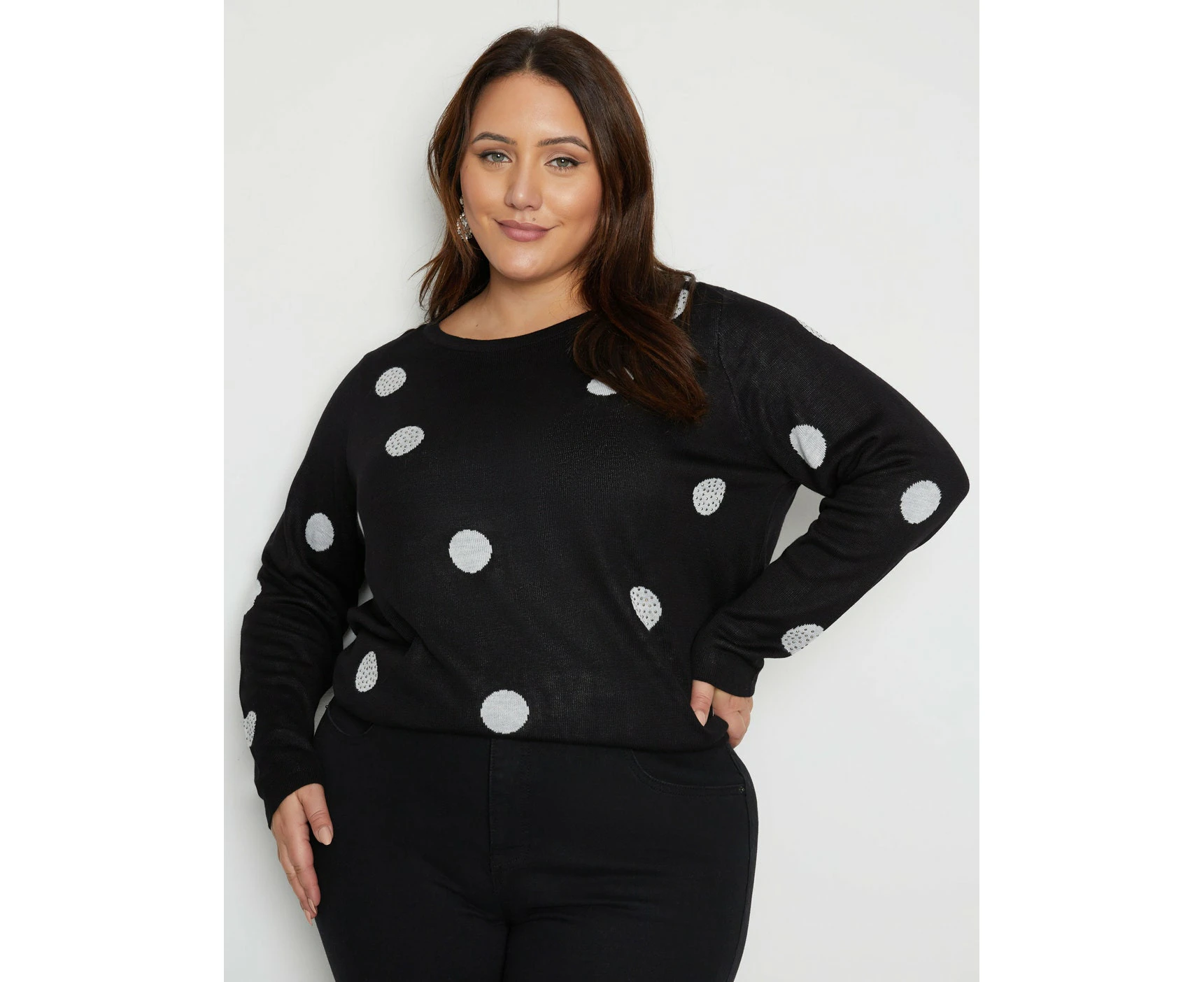 Beme Boat Neck Curve Hem Pullover Top - Plus Size Womens - Black White Spot