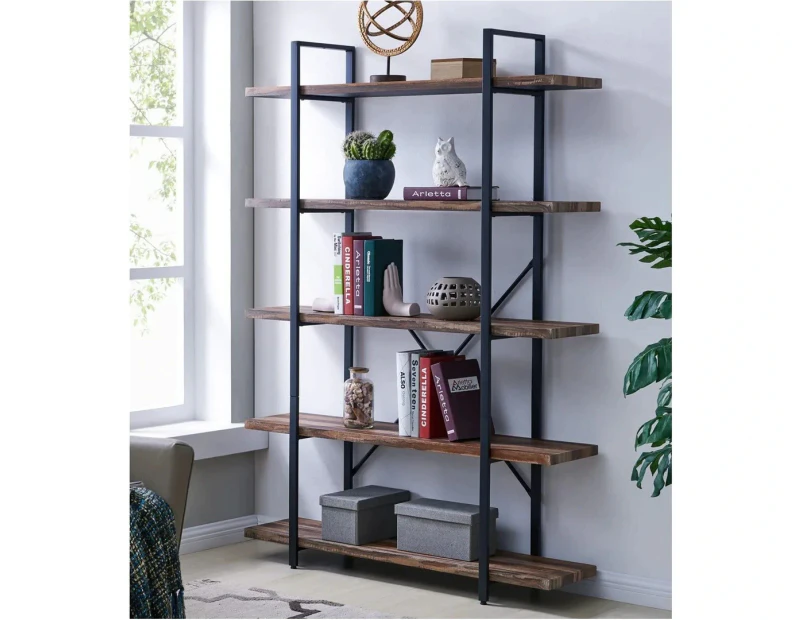 5 Tier Industrial Wood and Metal Bookshelves Retro Brown