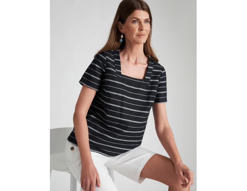 W.Lane Linen Navy Stripe Top - Womens - Navy Stripe