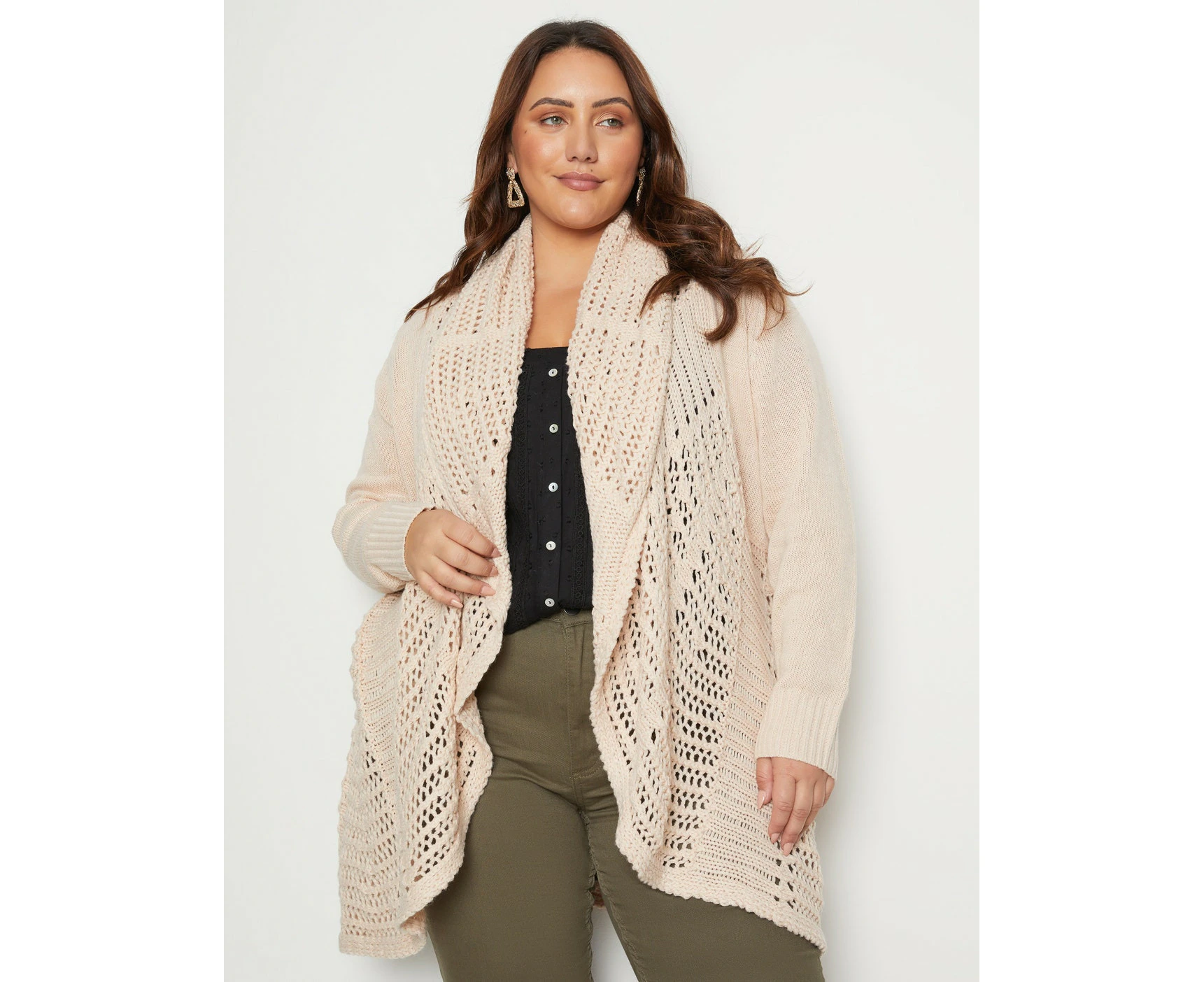 Beme Long Sleeve Crochet Shawl Collar Edge To Edge Cardigan - Plus Size Womens - Stone Onl