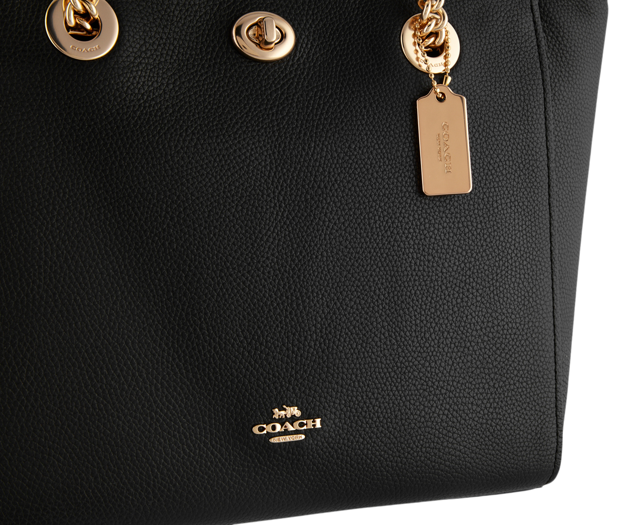 Coach Polished Pebble Leather Turnlock Chain Tote 27 Bag Black